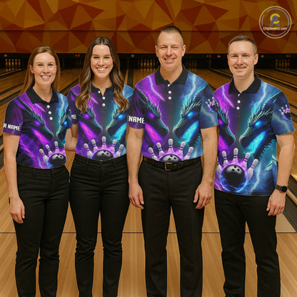 Custom Blue Purple Fire Dragon Bowling Jersey For Women Custom Lightning Bowling Shirt Polo, 1/4 Zip TDM6150