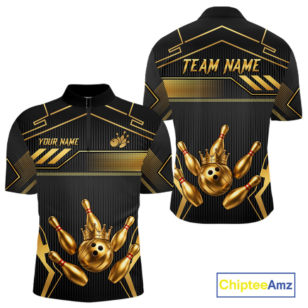 Black And Gold Custom Crown Bowling Ball Polo & Quarter Zip For Men, Bowling League Team Jersey TDM6569