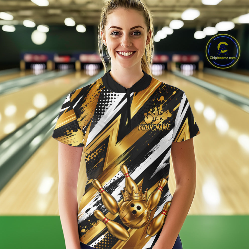 Custom Black And Gold Bowling Jersey For Women, Crown Bowling Team Shirts Polo & Quarter Zip Shirts TDM6570
