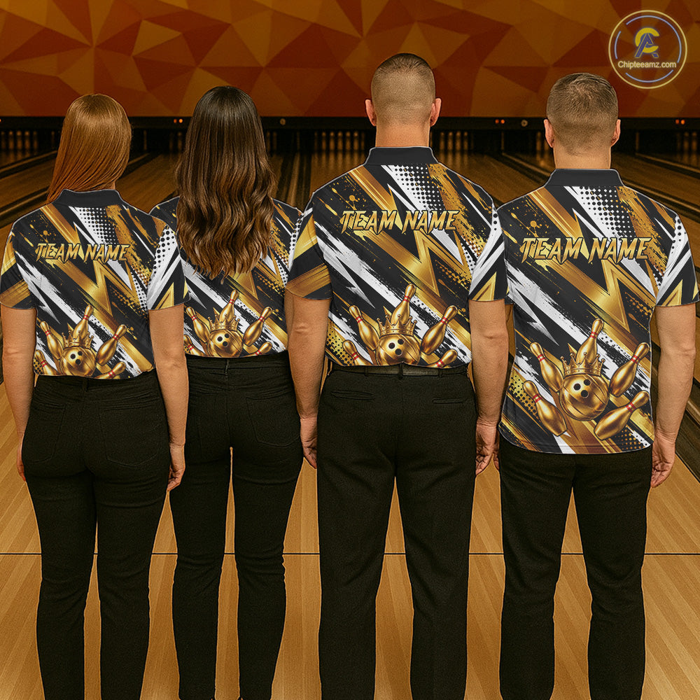 Custom Black And Gold Bowling Jersey For Men, Crown Bowling Team Shirts Polo & Quarter Zip Shirts TDM6570