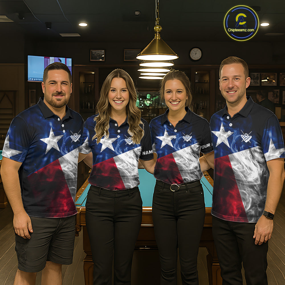Custom Smoke Texas Flag Billiard Shirt For Women, Patriotic Billiard Team Shirt Polo & Quarter Zip TDM6585