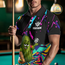 Load image into Gallery viewer, Man wearing a colorful pickle 8 ball billiard jersey beside a pool table front view.