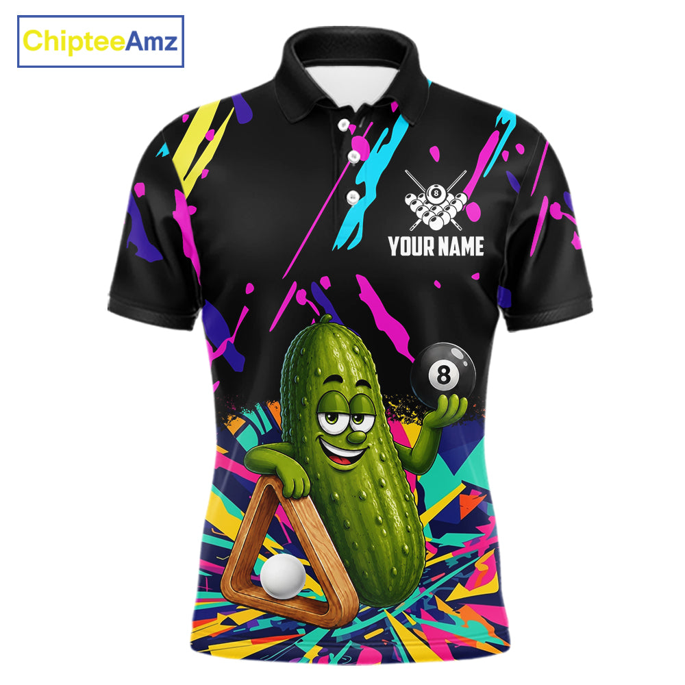 Colorful pickle 8 ball billiard polo shirt for men with custom pool team graphics.