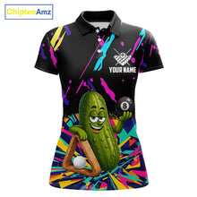 Load image into Gallery viewer, Colorful pickle 8 ball billiard polo shirt for women with custom pool team graphics.