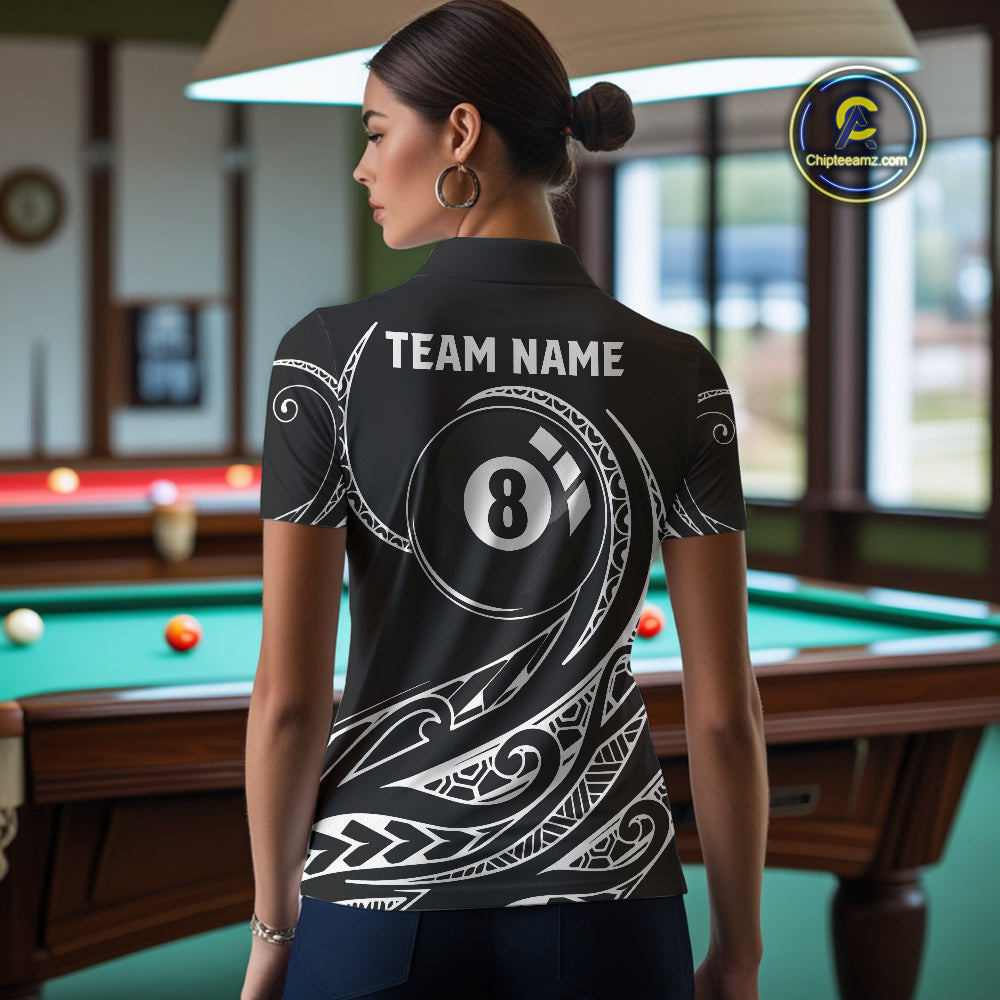 Black White 8 Ball Pool Tribal Billiard Shirt For Women Custom Billiard Team Jersey Polo & 1/4 Zip TDM4411