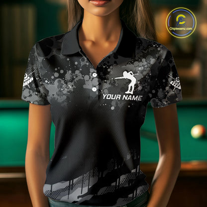 Personalized Grunge Camo Billiard Shirts For Women, Funny 8 Ball Pool Team Jersey Polo & 1/4 Zip TDM6155