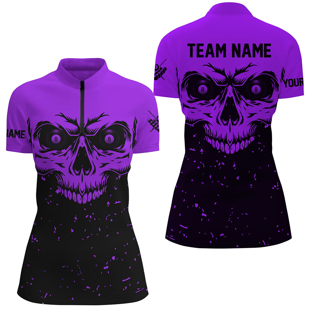 Custom Grunge Purple Black Skull Billiard Women Jerseys Shirts, 8 Ball Billiards Apparel Clothing TDM1877