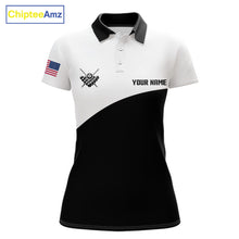 Load image into Gallery viewer, Black and white 8 ball custom billiard polo shirt for women, personalized pool team jersey for tournaments.