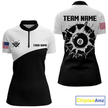 Load image into Gallery viewer, Black and white 8 ball quarter zip billiard shirt for women, custom pool team jersey and tournament apparel.