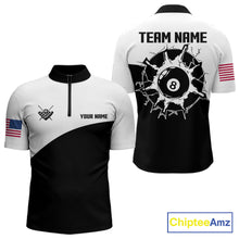 Load image into Gallery viewer, Black and white 8 ball quarter zip billiard shirt for men, custom pool team jersey and tournament apparel.