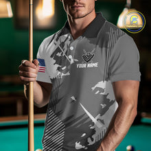 Load image into Gallery viewer, Man wearing a grey grunge 8 ball custom billiard jersey front view, personalized pool team shirt.