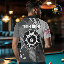 Load image into Gallery viewer, Back view of man wearing a grey grunge 8 ball billiard team jersey, custom pool tournament shirt.