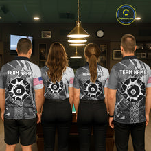 Load image into Gallery viewer, Back view of pool players wearing matching grey grunge 8 ball billiard team shirts and custom pool jerseys.