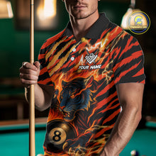Load image into Gallery viewer, Man wearing an orange flaming tiger 8 ball custom billiard jersey front view, personalized pool team shirt.