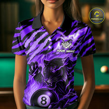 Load image into Gallery viewer, Woman wearing a purple flaming tiger 8 ball custom billiard jersey front view, personalized pool team shirt.