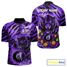 Load image into Gallery viewer, Purple flaming tiger 8 ball quarter zip billiard shirt for men, custom pool team jersey and tournament apparel.