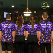 Load image into Gallery viewer, Back view of pool players wearing matching purple flaming tiger 8 ball billiard team shirts and custom pool jerseys.