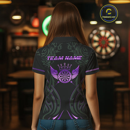Black And Purple Dartboard Crown Wings Custom Darts Shirt For Women, Dart Team Jersey Polo & 1/4 Zip TDM4422