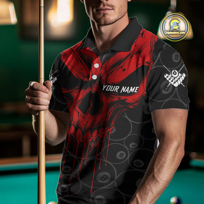 Personalized Skull 8 Ball Billiard Shirt For Men Custom Pool Team Jersey Polo & 1/4 Zip |Red TDM5069