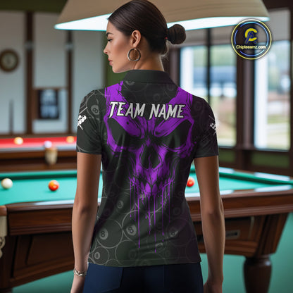 Personalized Skull 8 Ball Billiard Shirt For Women Custom Pool Team Jersey Polo & 1/4 Zip |Purple TDM5070