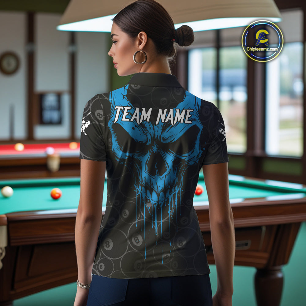 Personalized Skull 8 Ball Billiard Shirt For Women Custom Pool Team Jersey Polo & 1/4 Zip |Blue TDM5071