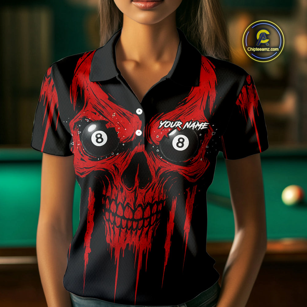 Red Grunge Skull Billiard Jersey For Women Custom 8 Ball Pool Billiard Shirt Team Polo & 1/4 Zip TDM5072