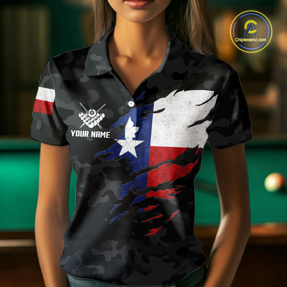 Personalized Texas American Flag Camo Billiard Shirt For Women Custom Patriotic Pool Team Jersey TDM5542