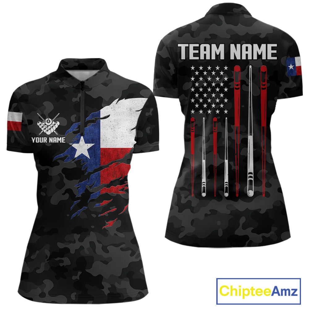 Personalized Texas American Flag Camo Billiard Shirt For Women Custom Patriotic Pool Team Jersey TDM5542