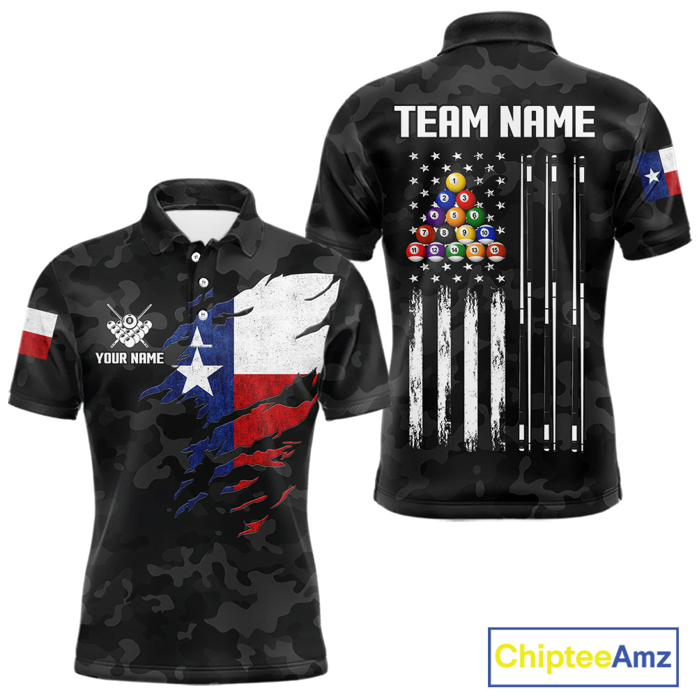 Personalized Texas & American Flag Camo Billiard Shirt For Men Custom Patriotic Pool Team Jersey TDM5543