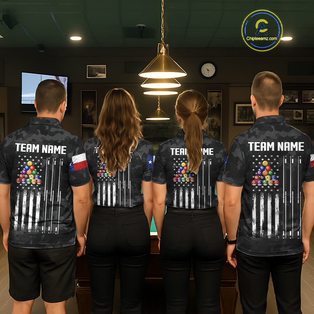 Personalized Texas & American Flag Camo Billiard Shirt For Men Custom Patriotic Pool Team Jersey TDM5543