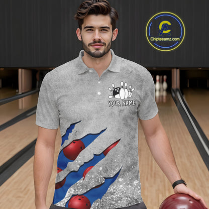 Man wearing a blue grunge scratch bowling polo shirt front view, custom bowling league jersey for men.