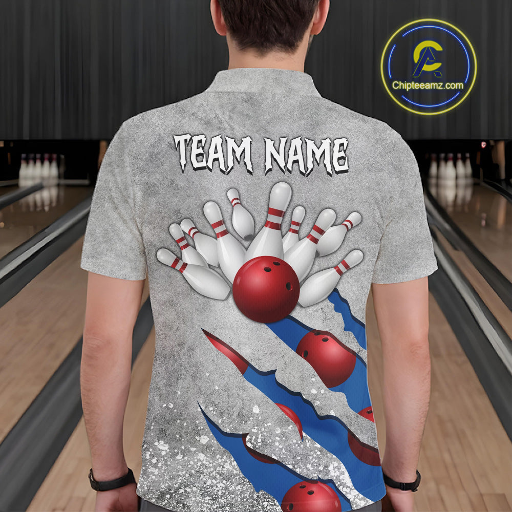 Back view of man wearing a blue grunge scratch bowling polo shirt, custom bowling team jersey design.