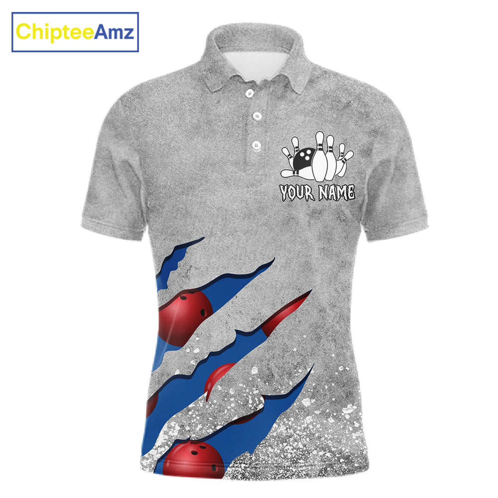 Blue grunge scratch bowling team polo shirt for men with custom league and tournament graphics.