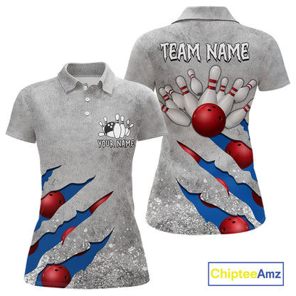 Blue grunge scratch custom bowling polo shirt for women, personalized bowling team jersey for league tournaments.