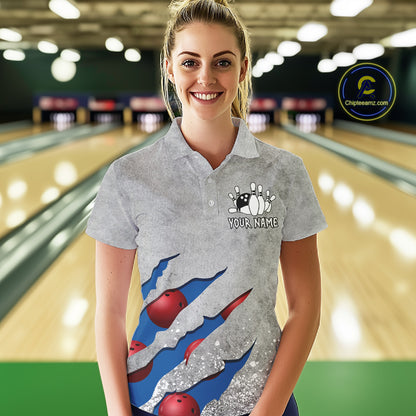 Woman wearing a blue grunge scratch bowling polo shirt front view, custom bowling league jersey for women.
