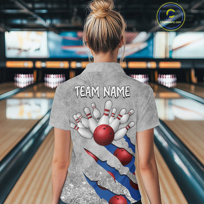 Back view of woman wearing a blue grunge scratch bowling polo shirt, custom bowling team jersey design.