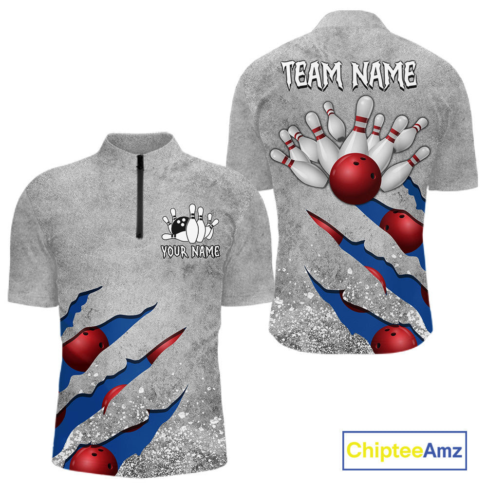 Blue grunge scratch quarter zip bowling shirt for men, custom bowling team jersey and tournament apparel.