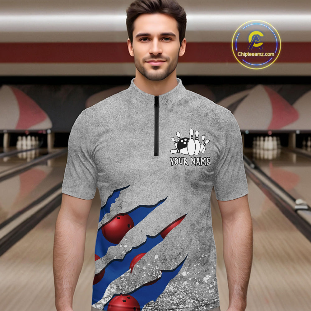 Man wearing a blue grunge scratch quarter zip bowling shirt front view, personalized bowling team apparel.