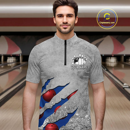 Man wearing a blue grunge scratch quarter zip bowling shirt front view, personalized bowling team apparel.