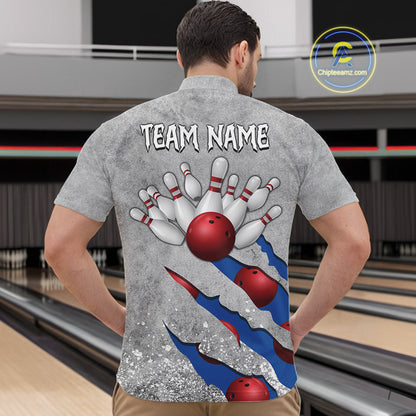 Back view of man wearing a blue grunge scratch quarter zip bowling shirt, bowling league team uniform.