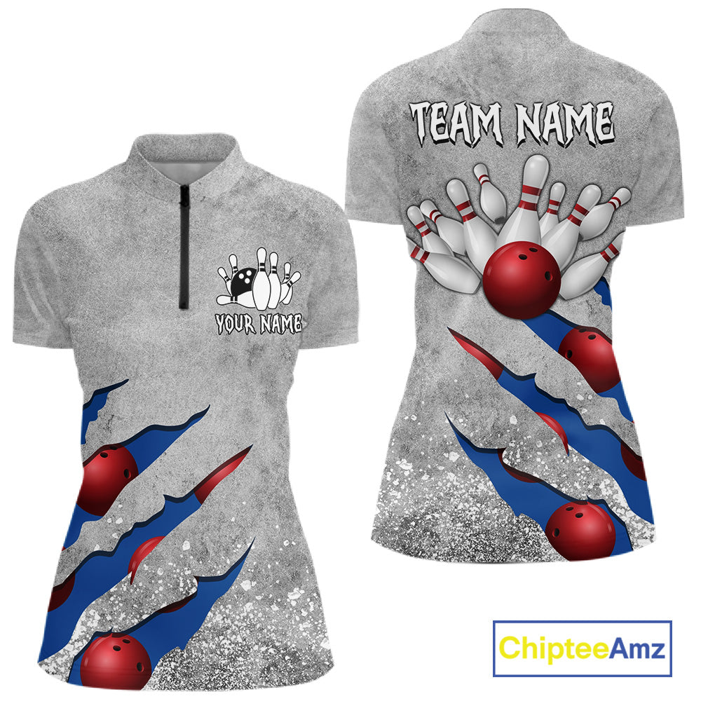 Blue grunge scratch quarter zip bowling shirt for women, custom bowling team jersey and tournament apparel.
