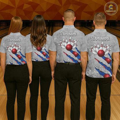 Back view of bowling team wearing matching blue bowling league jerseys.