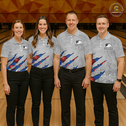 Bowling team wearing matching blue grunge scratch custom bowling jerseys front view.