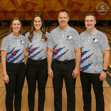 Load image into Gallery viewer, Bowling team wearing matching blue grunge scratch custom bowling jerseys front view.