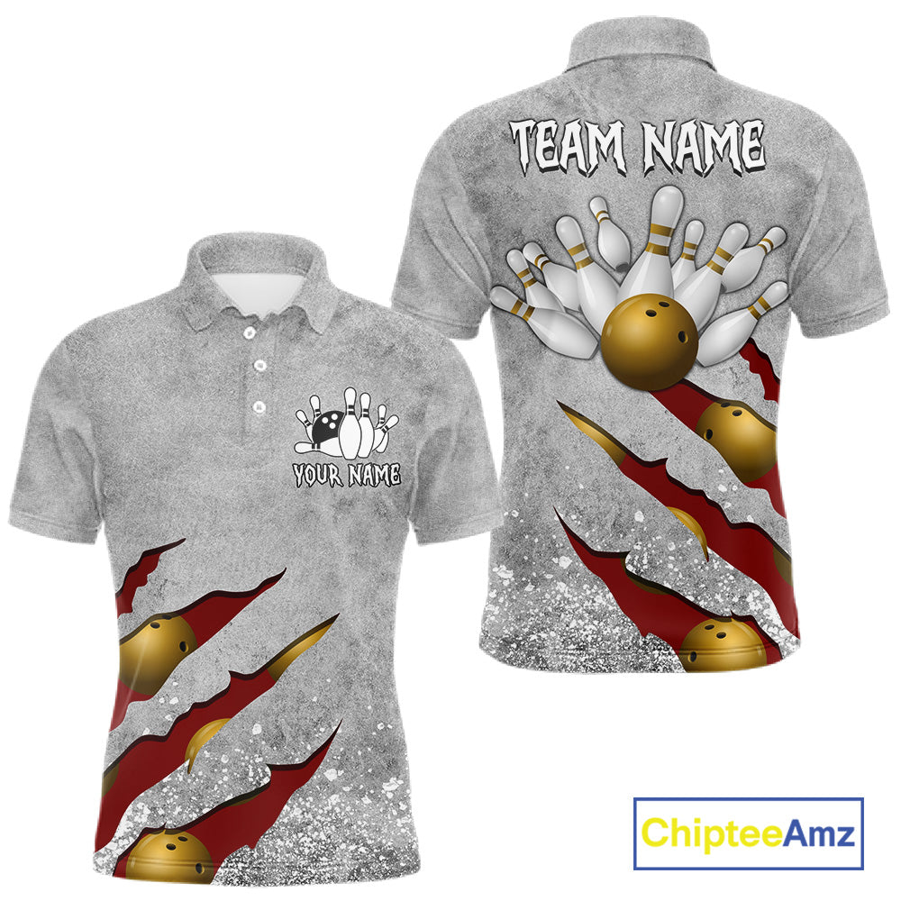 Red grunge scratch custom bowling polo shirt for men, personalized bowling team jersey for league tournaments.
