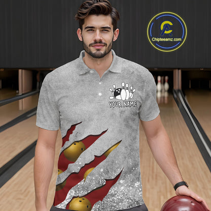 Man wearing a red grunge scratch bowling polo shirt front view, custom bowling league jersey for men.