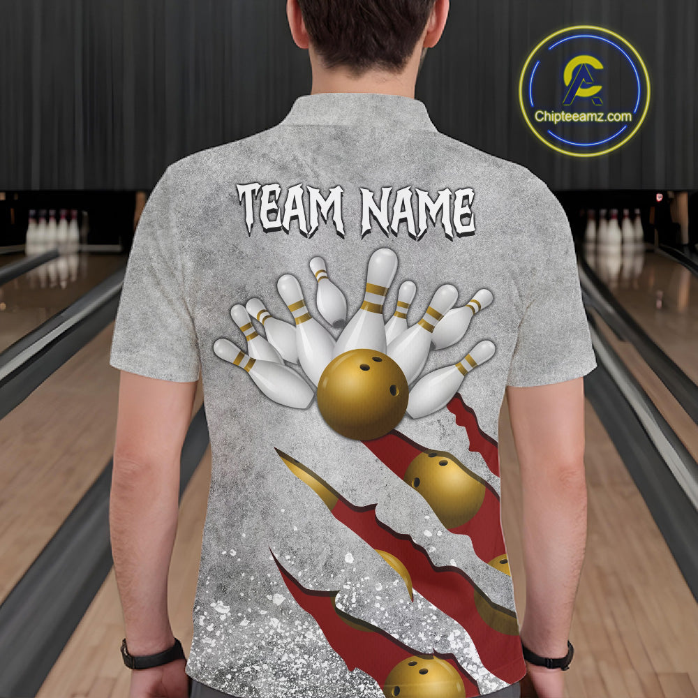 Back view of man wearing a red grunge scratch bowling polo shirt, custom bowling team jersey design.