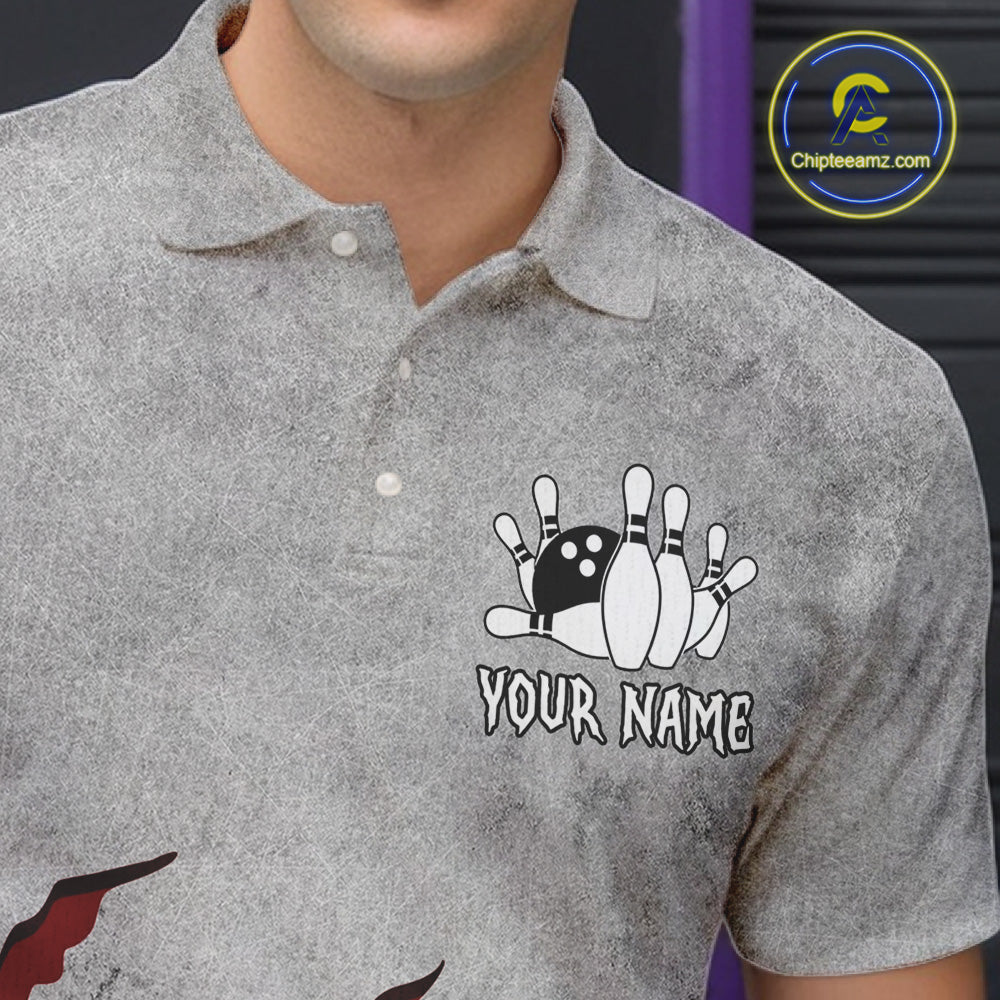 Close up of collar, chest and button details on a red grunge scratch men's bowling polo shirt.
