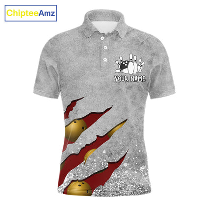 Red grunge scratch bowling team polo shirt for men with custom league and tournament graphics.