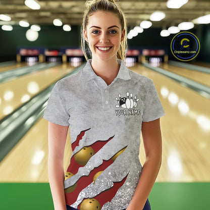 Woman wearing a red grunge scratch bowling polo shirt front view, custom bowling league jersey for women.